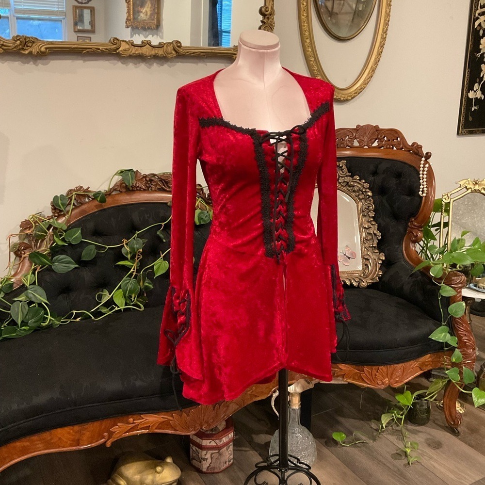 Vintage 90s Lip Service Red Bell Sleeve goth lace up dress velvet size small
